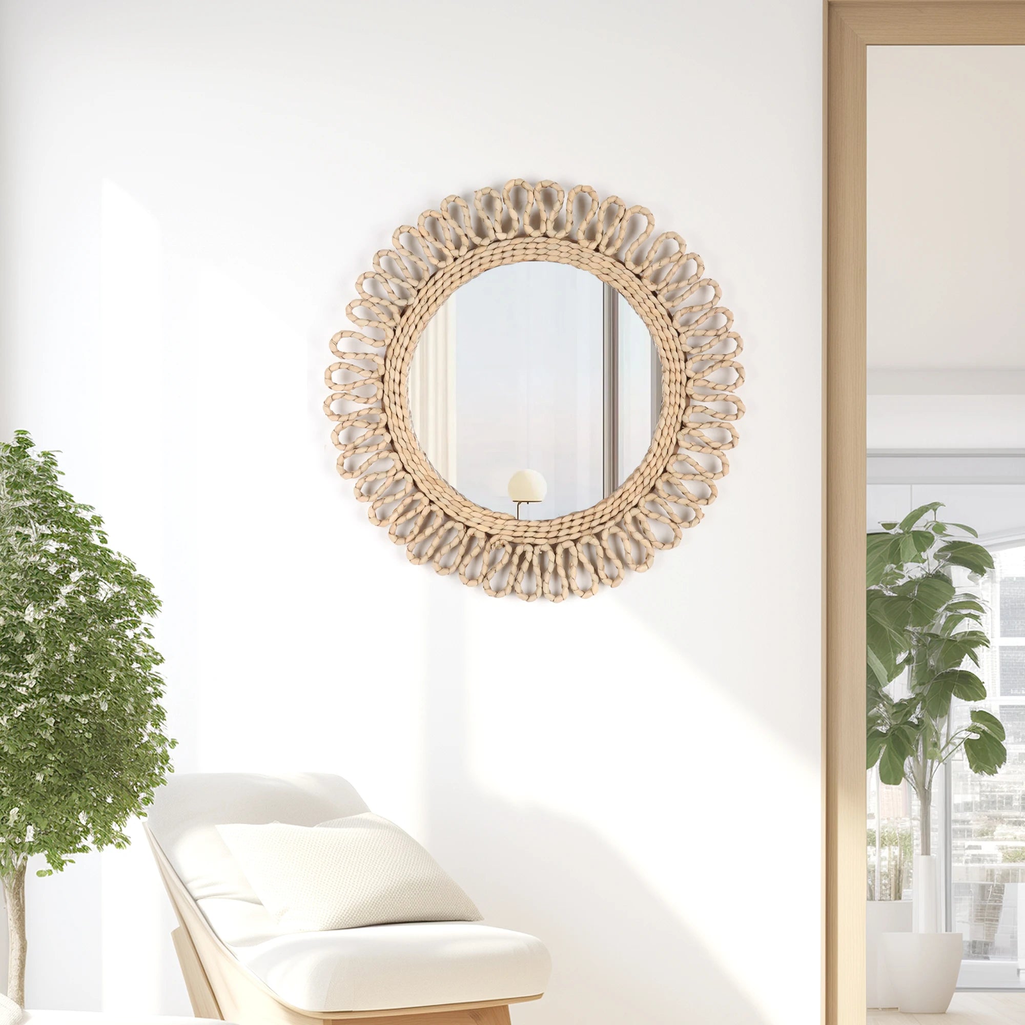 miroir mural circulaire tissé style bohème déco suspendue - vue 3 sur 7