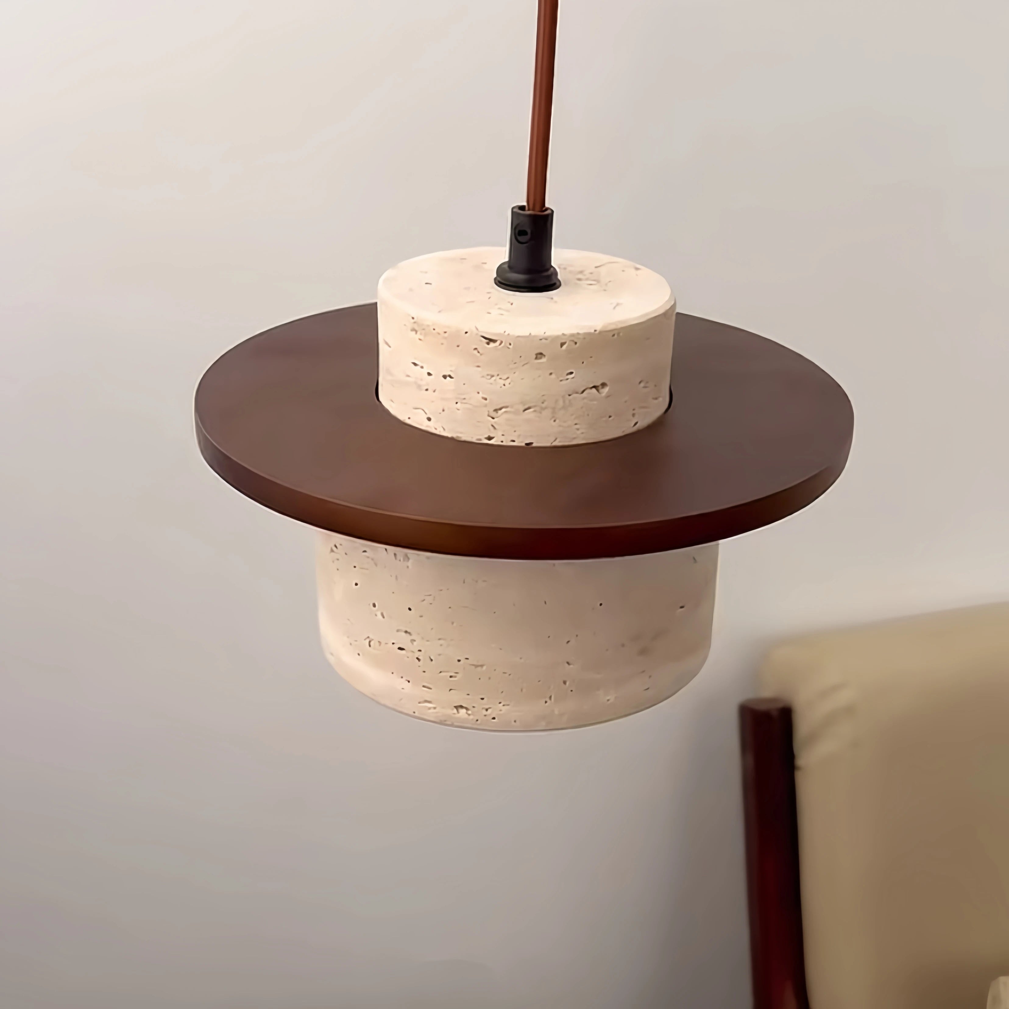 suspension led style minimaliste japonais en noyer et travertin - vue 4 sur 13
