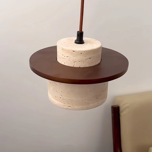 suspension led style minimaliste japonais en noyer et travertin - vue 5 sur 13