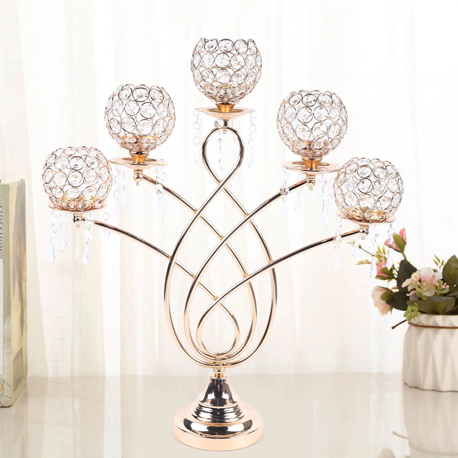 bougeoir en cristal doré à cinq bras pour décoration de mariage - vue 3 sur 7