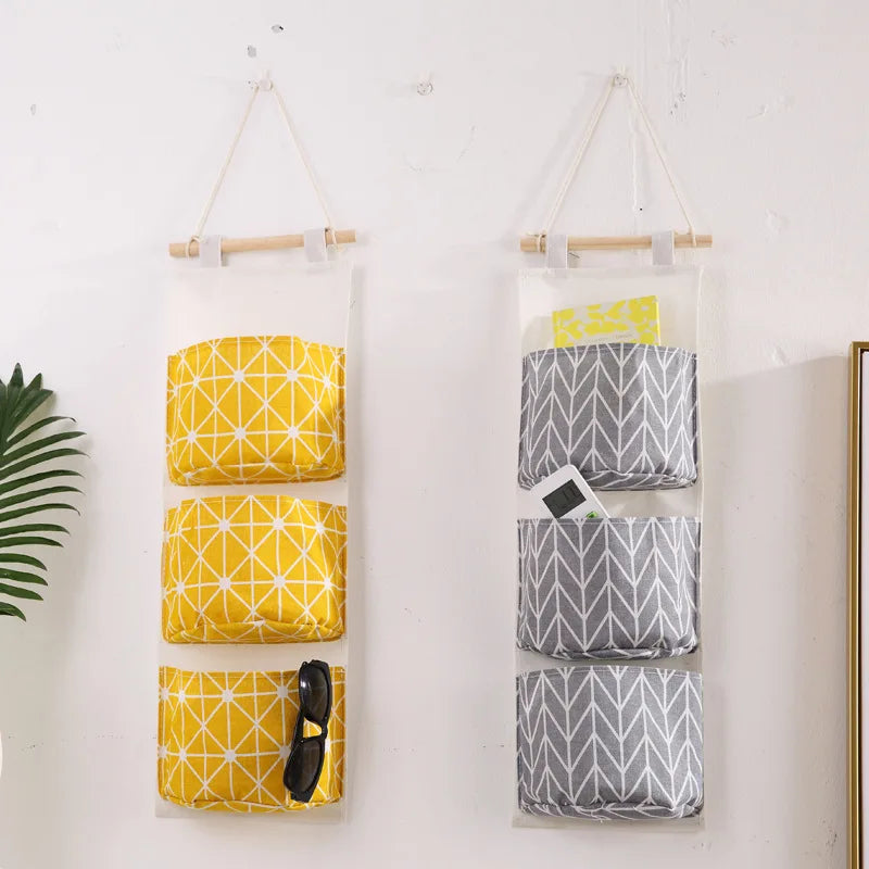 sac de rangement suspendu en coton et lin trois couches - vue 3 sur 9