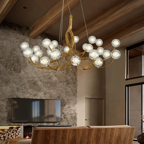 Nordique rétro branche d'arbre boule de verre LED lustre pour salon salle à manger cuisine tables alimentaires décor à la maison luminaire suspendu - vue 3 sur 9