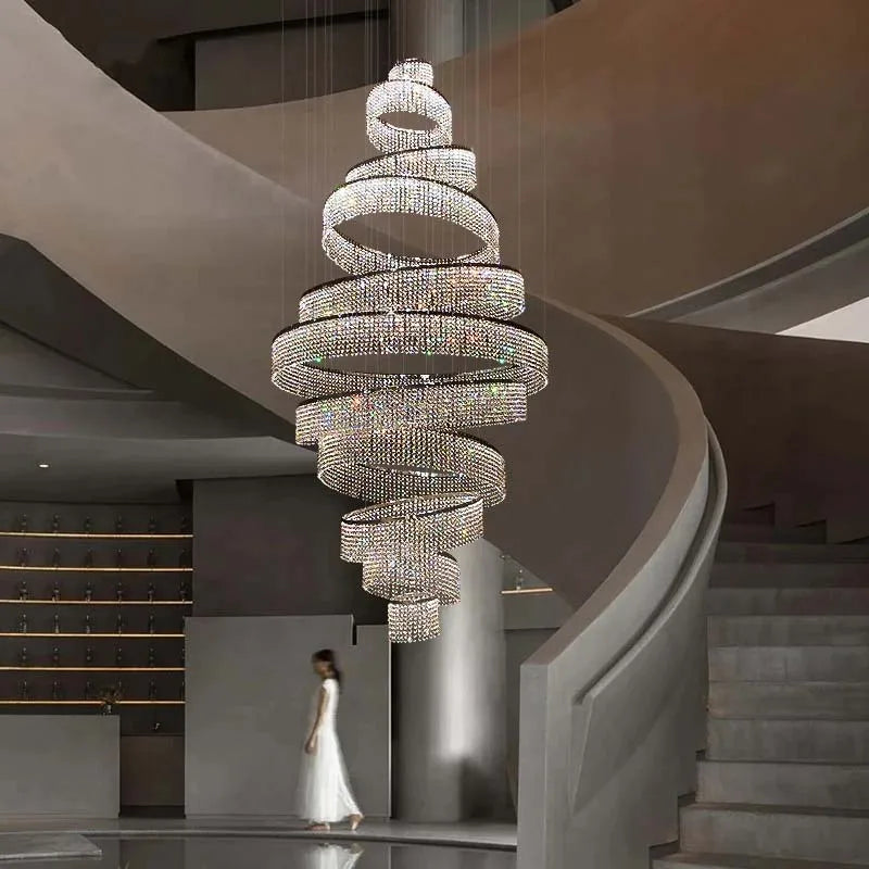 Escalier de luxe LED en Cristal lustre pour salon hall grand anneau moderne Cristal suspendu éclairage Chrome longue lampe d'intérieur