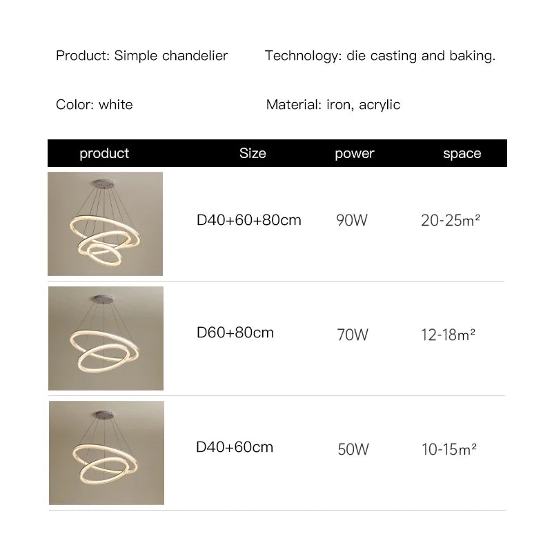 Modern Nordic LED Chandeliers For Living Rooms, Bedrooms, Restaurants, Kitchens, Chandeliers, White Circular 3-ring Design - vue 7 sur 10