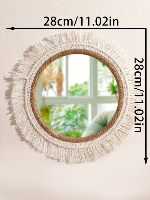 miroir suspendu en macramé décoratif avec pompons tissés - vue 10 sur 14