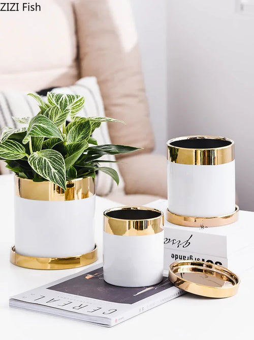 pot de fleurs en céramique luxe avec bordure dorée