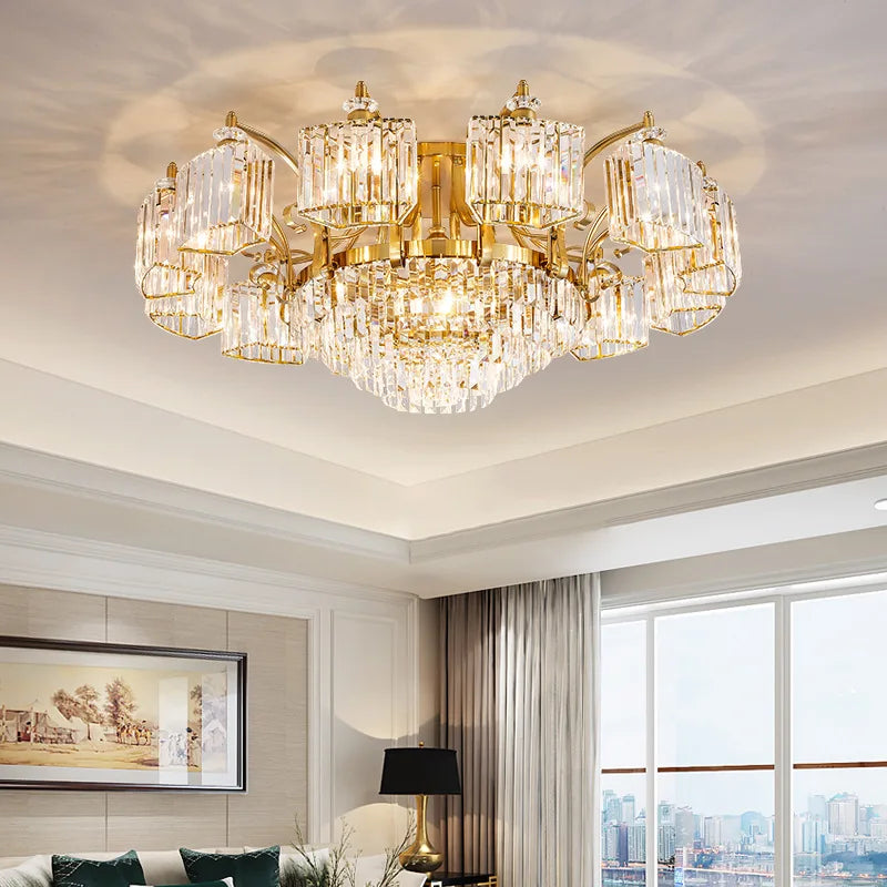 plafonnier moderne en cristal doré avec éclairage led trois couleurs - vue 2 sur 13