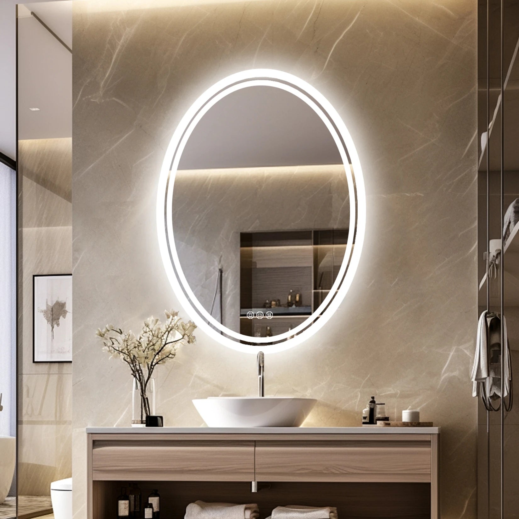 miroir oval lumineux avec fonction antibuée et éclairage ajustable - vue 5 sur 8