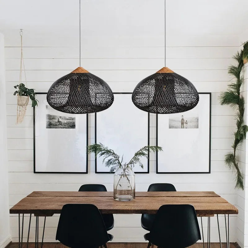 Modern art minimalist retro chandelier suitable for living room, dining room, farmhouse, natural rattan and willow chandelier - vue 5 sur 21