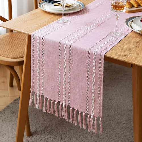 Chemin de table boheme rustique tresse a franges