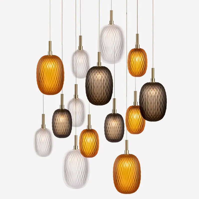 Lampe suspension verre blanc ambre moderne - vue 5 sur 11