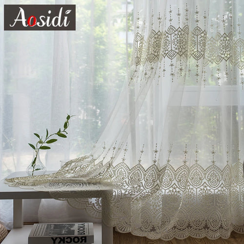 Voilage brodé tulle transparent style moderne salon chambre - vue 2 sur 7