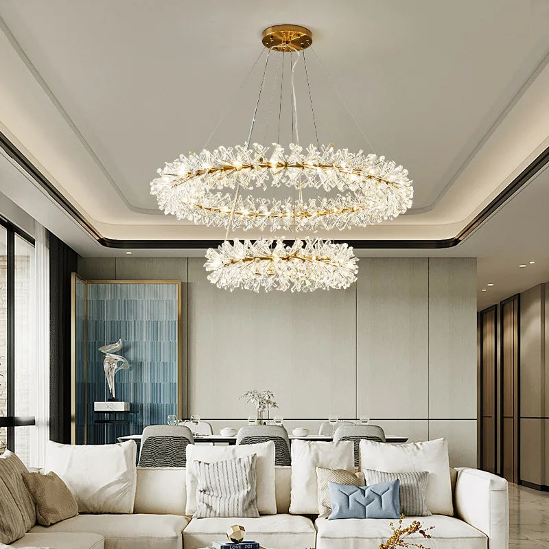 lustre led cristal clair rond avec fil métallique doré réglable - vue 3 sur 12