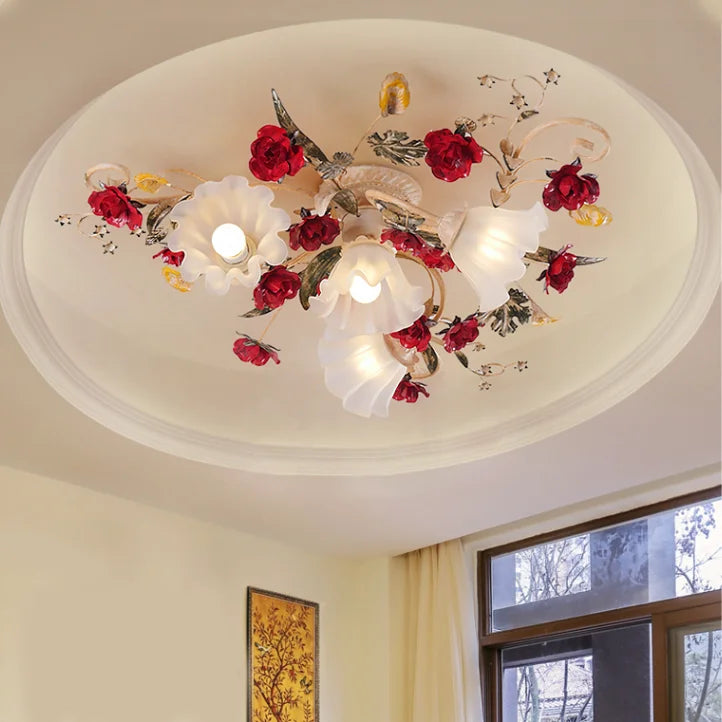 américain Rural fleur cuisine princesse filles chambre plafonnier assis lumière LED moderne plafonnier pour salon