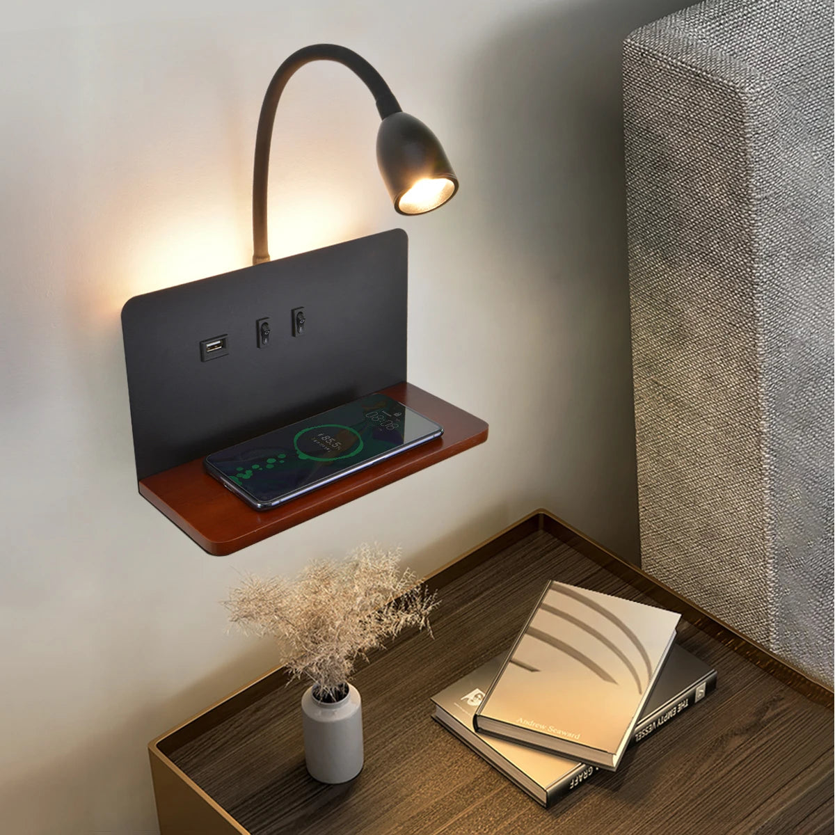 applique murale led intérieur usb sans fil moderne rotative 360° interrupteur veilleuses chevet - vue 3 sur 8