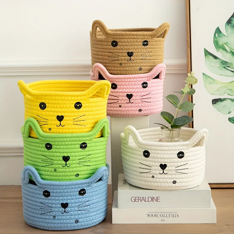 paniers de rangement en coton thème chaton décoratif et pratique - vue 2 sur 11