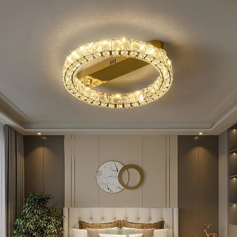 Anneau de luxe plafonnier moderne chambre salon plafonnier en cristal doré brillant Dimmable LED plafonniers suspendus