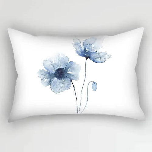 taie d'oreiller rectangulaire fleurs et feuilles bleues décoratives
