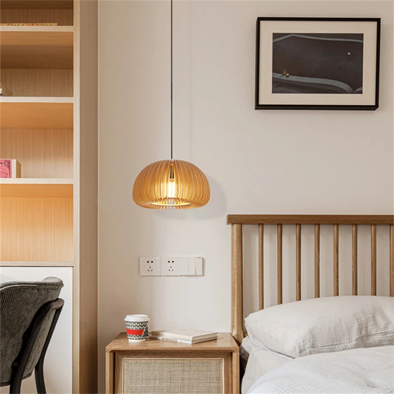 suspension LED en bois en forme de citrouille design moderne fait à la main - vue 5 sur 19