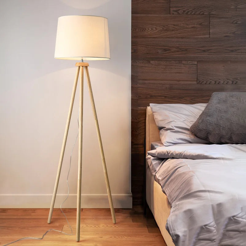 Nordique bois art bois massif lampadaire tissu art abat-jour salon chambre chevet décoration de la maison moderne lampadaire LED - vue 4 sur 7
