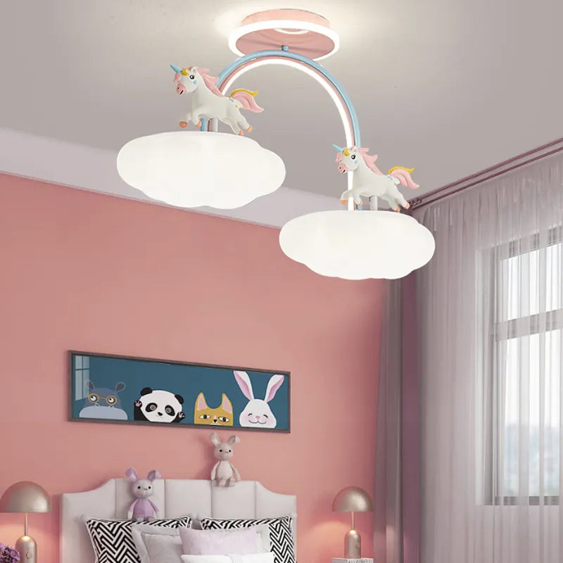 Dessin animé licorne lumière chambre d'enfant plafonnier avec télécommande nuage princesse chambre rose lustre lumière spectre complet