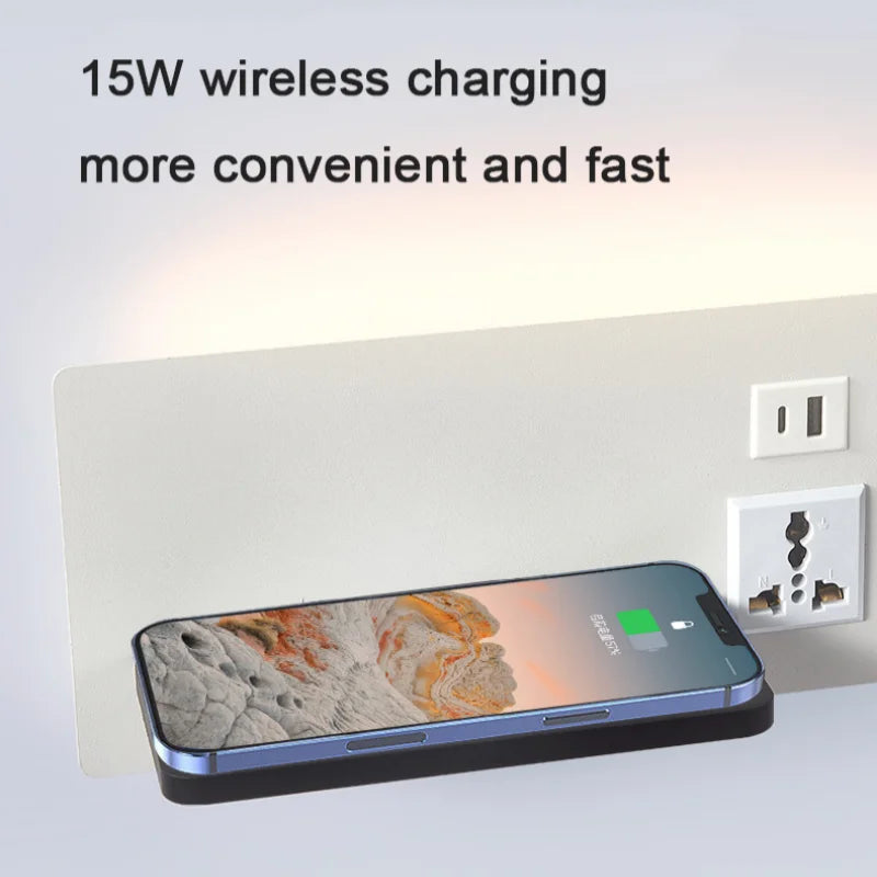 lampe de chevet murale avec chargement sans fil usb type-c et projecteur rotatif - vue 7 sur 14