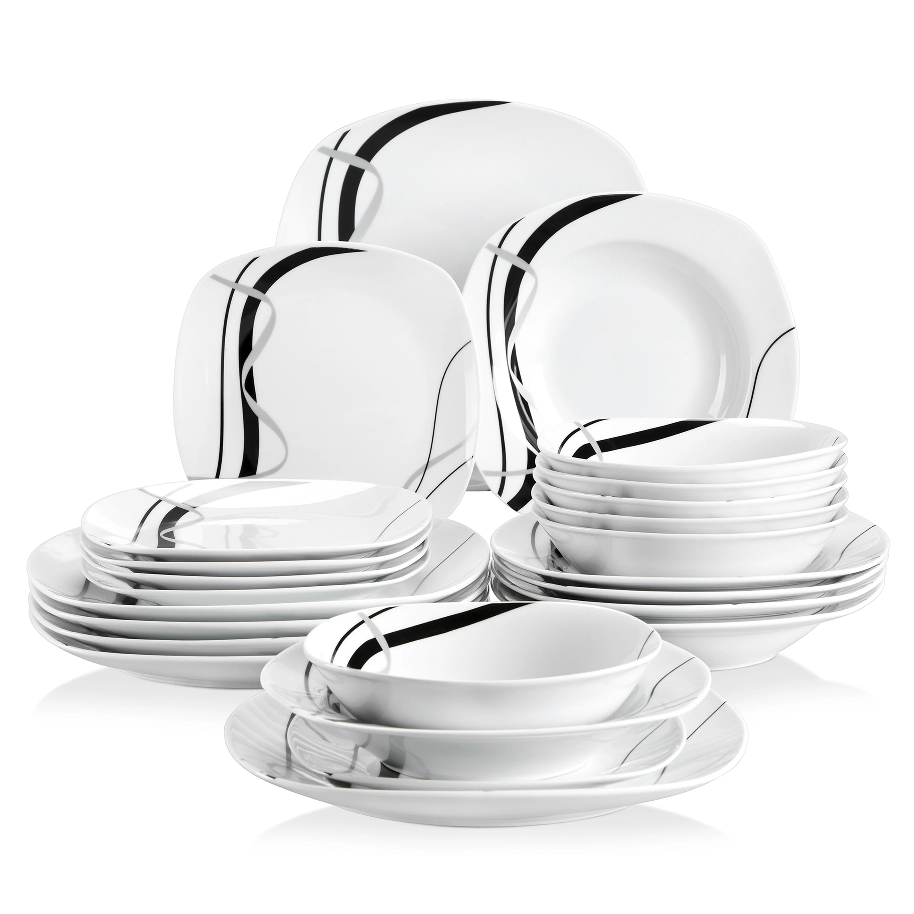 Service vaisselle porcelaine design rayures forme carrée