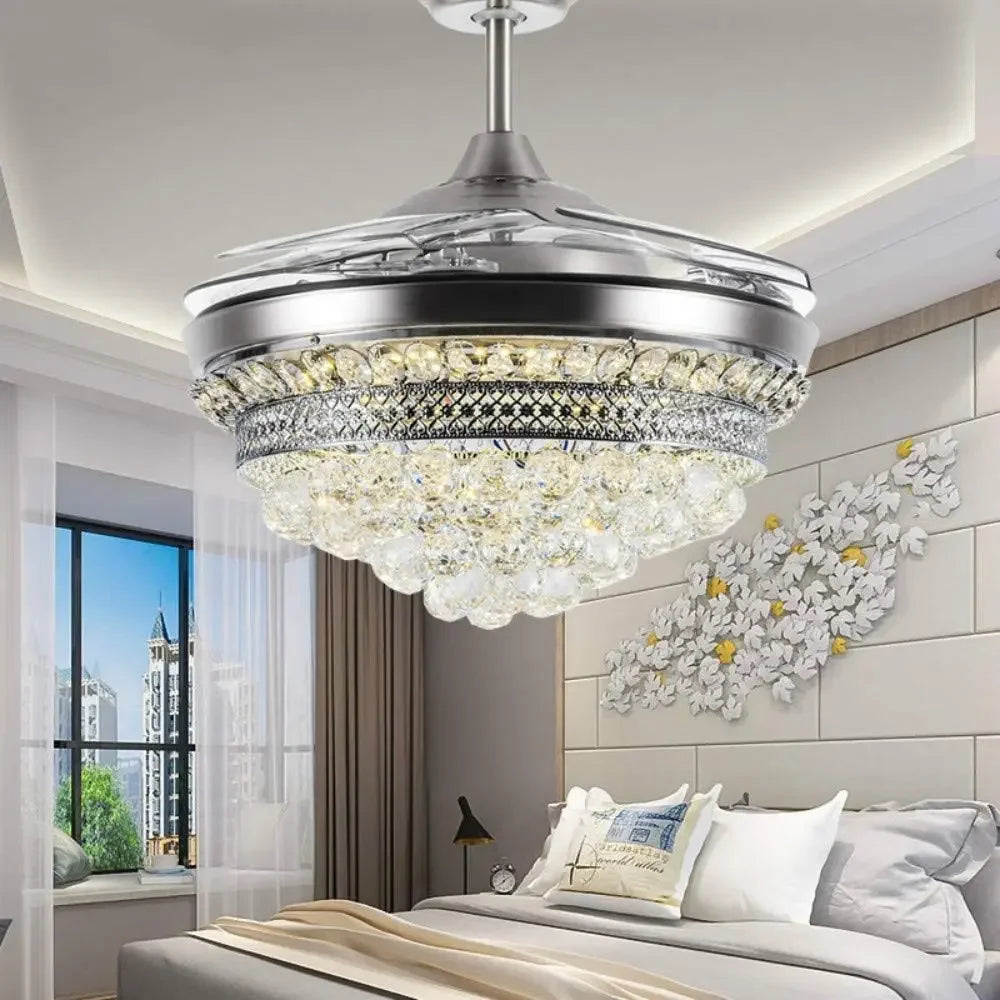 lustre ventilateur chromé en cristal avec lumière led changeante - vue 5 sur 8