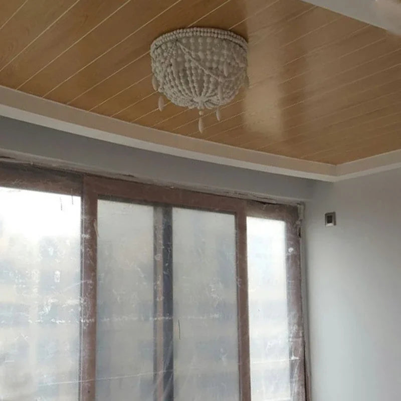 French Style Retro Pendant Lights For Living Room  Bedroom Children'S Room Princess White Wood Bead Decorative Indoor Lighting - vue 6 sur 9