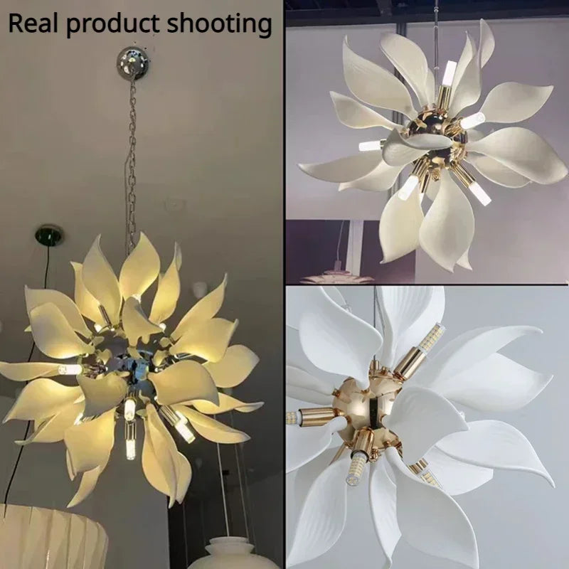 lustre moderne en céramique avec pétales de fleurs et lumière led
