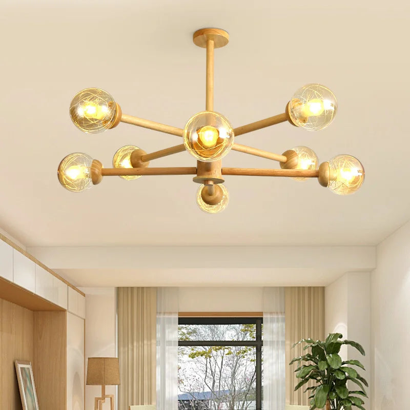 lustre moderne en bois avec abat-jour en verre pour décoration maison - vue 5 sur 10