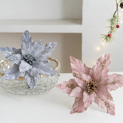 fleur de noël artificielle en velours pailleté décoration festive pour maison - vue 4 sur 12