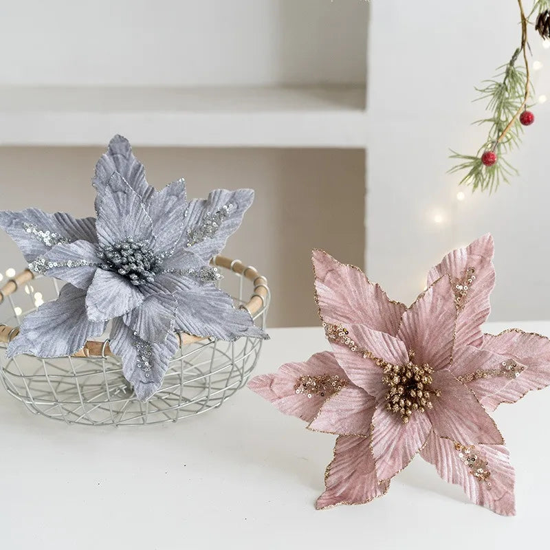 fleur de noël artificielle en velours pailleté décoration festive pour maison - vue 4 sur 12