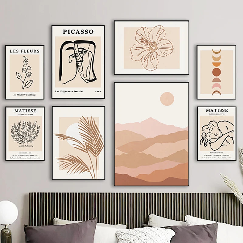 art mural boho abstrait feuilles lune fleurs pour décoration intérieure