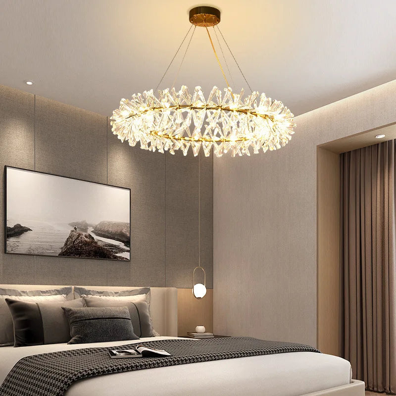 lustre led cristal clair rond avec fil métallique doré réglable - vue 4 sur 12