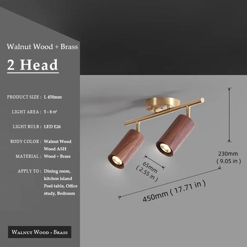 Walnut Wood Brass Spotlight Ceiling Light Fixture, Living Room Light for Dining Room, Kitchen Island, Corridor aisle, bedroom - vue 14 sur 14