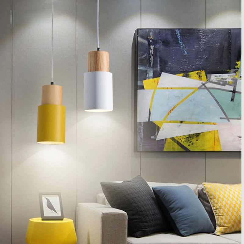 Nordique Simple bois E27 lampes suspendues Led concepteur lampe suspendue coloré en aluminium luminaire cuisine île Bar hôtel décor à la maison