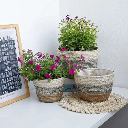 panier à fleurs en paille tressée pour plantes et jardin - vue 2 sur 10