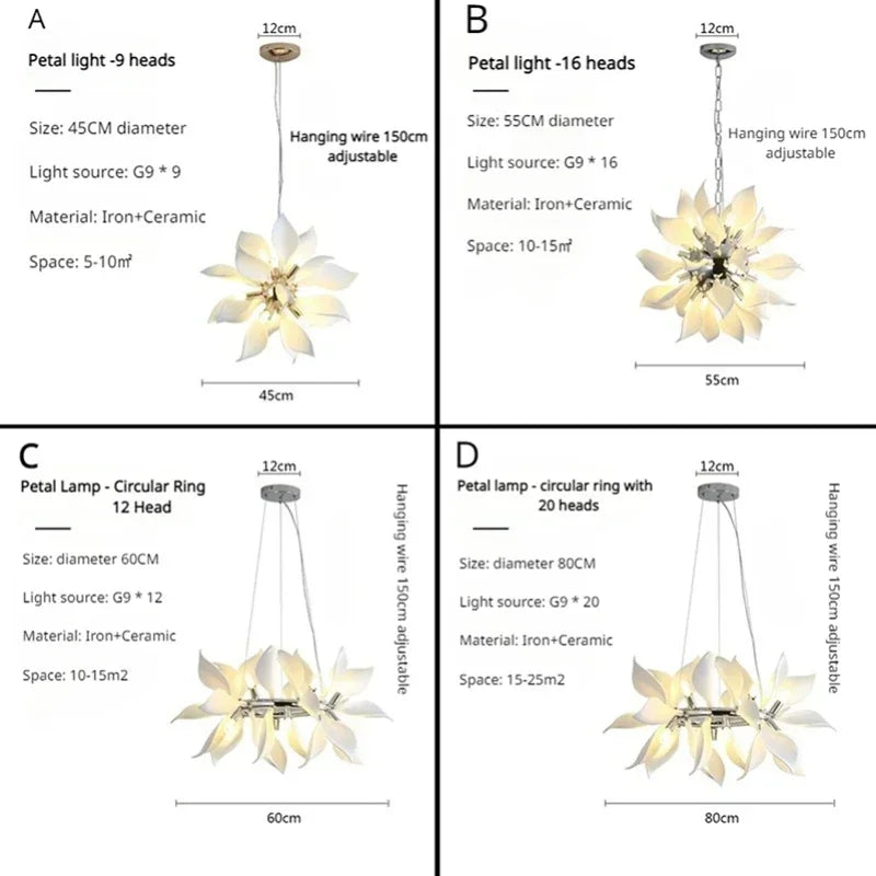 lustre moderne en céramique avec pétales de fleurs et lumière led