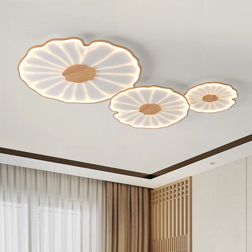 plafonnier moderne à grain de bois pour salon chambre à coucher étude crèche pour enfants conception de feuille de lotus lustre à LED en métal - vue 6 sur 18