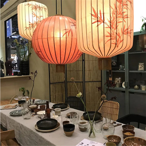Nouvelle lampe lanterne en tissu chinois pour Restaurant salon rétro hôtel chez l'habitant balcon motif dessiné à la main lustre ampoule gratuite