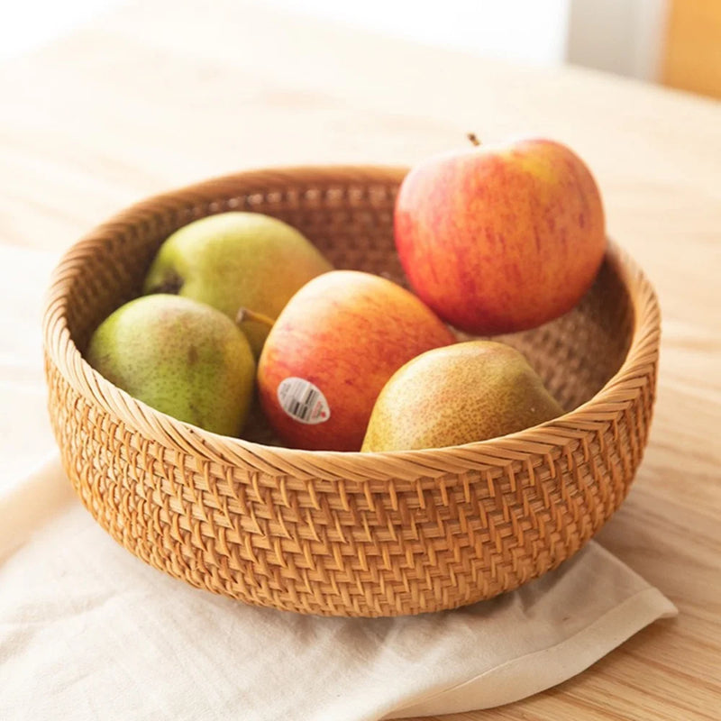 panier rond en rotin tissé pour fruits et collations