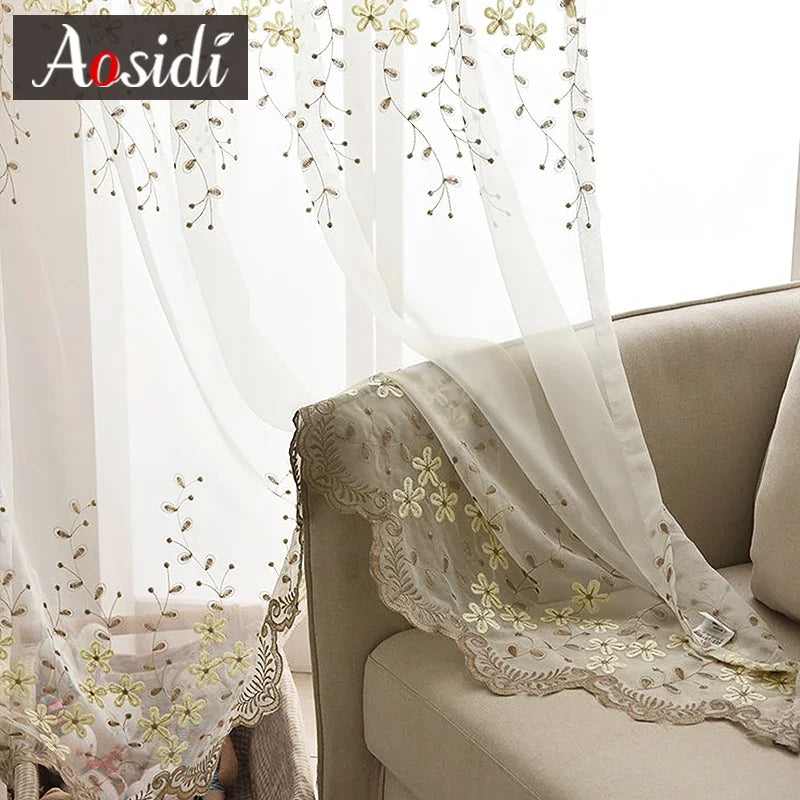 Voilage brodé fleurs style pastoral pour salon chambre - vue 3 sur 7