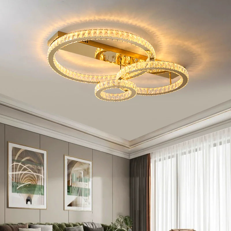 plafonnier acier inox k9 cristal led or lustre salle manger - vue 4 sur 14