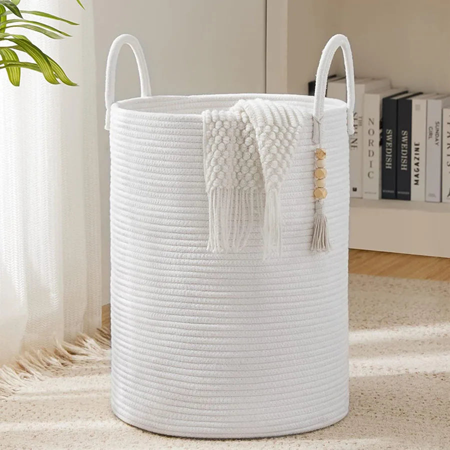 grand panier de rangement tissé avec poignées pliable pour jouets et linge - vue 9 sur 9