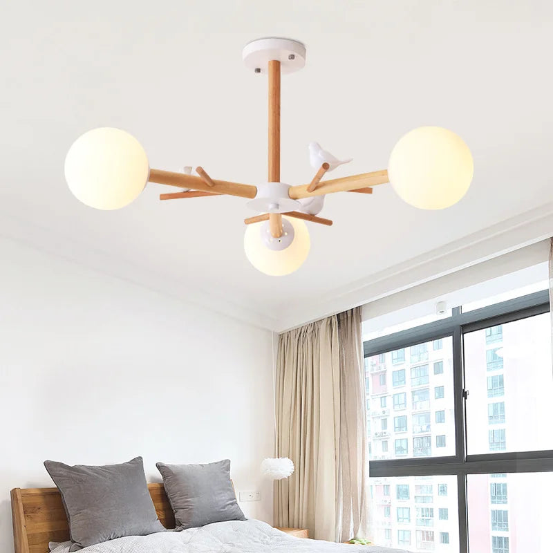 lustre en bois naturel avec abat-jour en verre moderne