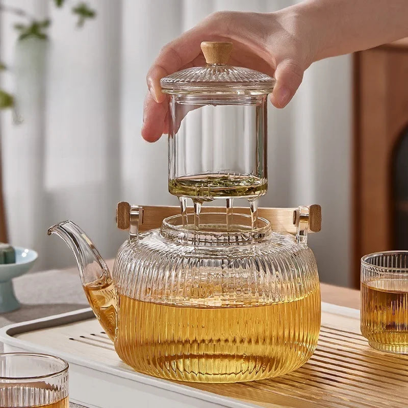Theiere verre borosilicate filtre integre anse bois design
