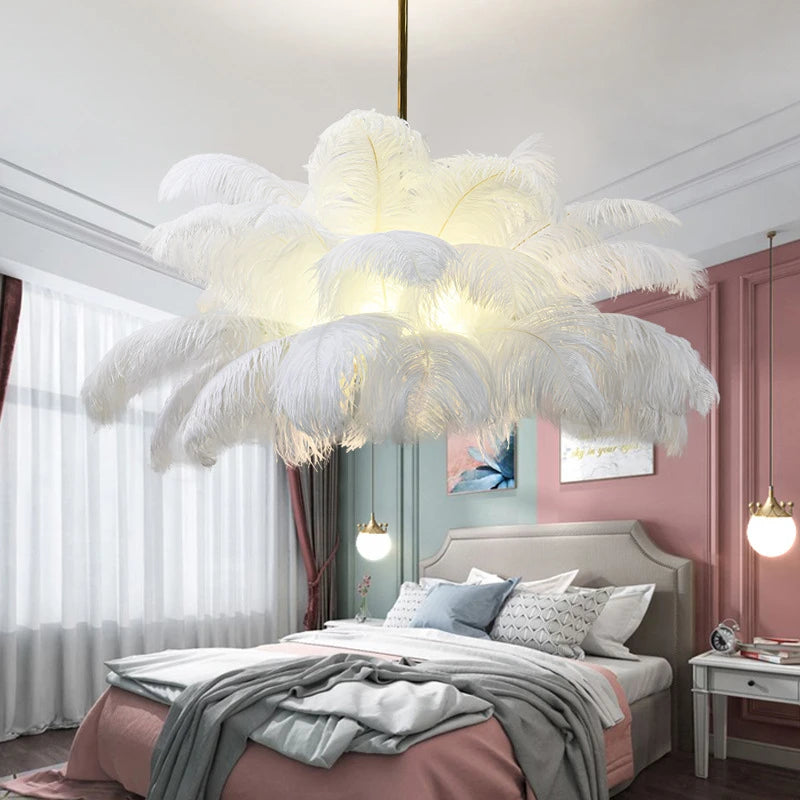 luminaire suspendu luxe plume d'autruche led style nordique - vue 5 sur 13