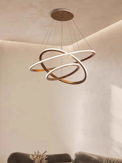 lustre moderne en bois led avec anneau en noyer rétro - vue 3 sur 14