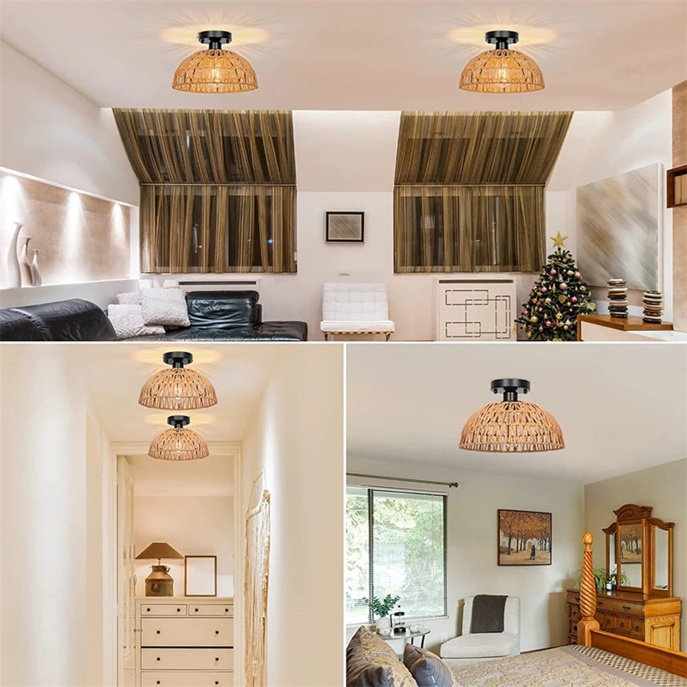 Lampes de plafond en corde de chanvre faites à la main Lustre pour Plafonnier Vintage rétro industriel fer salle à manger salon lumières éclairage